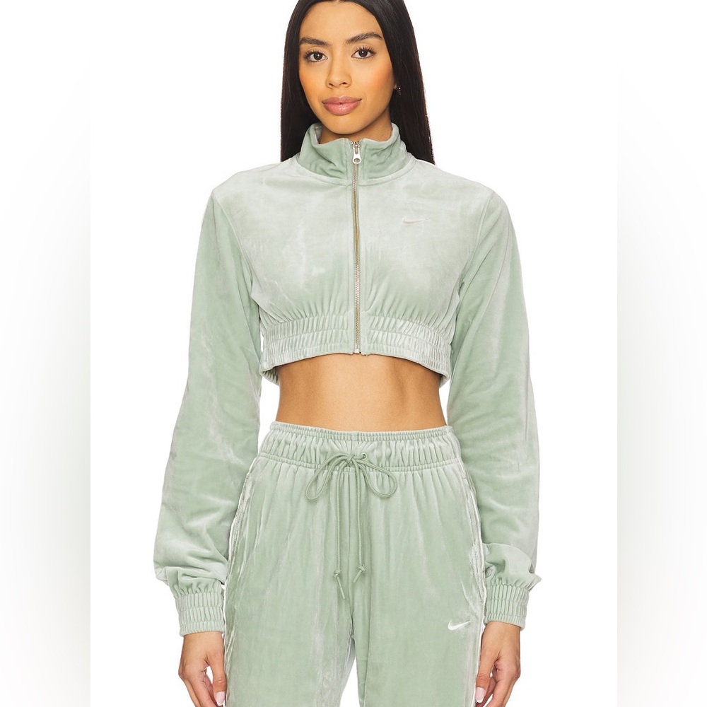 Nike Velour Crop Track Jacket Womens Large Y2K Full Zip Funnel Neck Jade Green